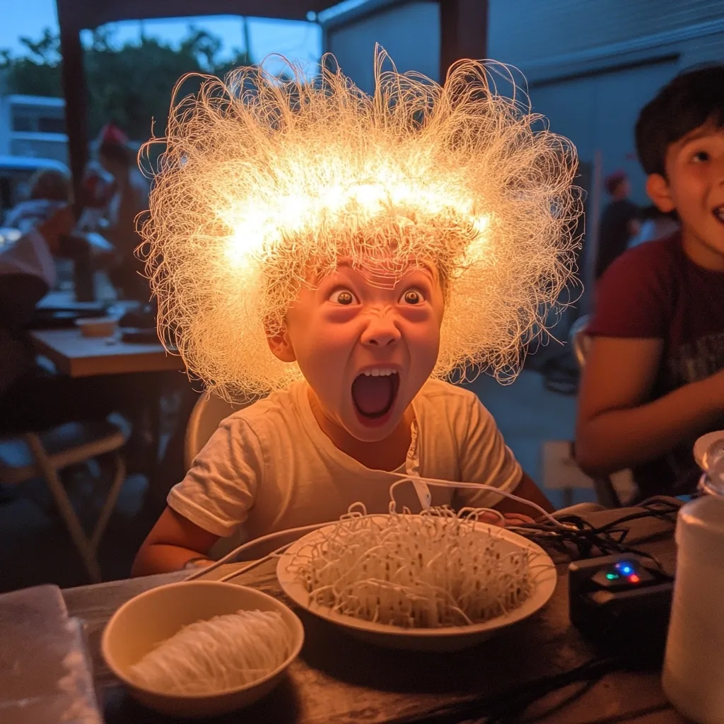 A young child with a vibrant, illuminated halo of string lights encircling their fluffy, light-colored hair, sits at a table. Their mouth is open in a surprised or excited expression.  In front of them are bowls of what appears to be food, possibly noodles. Another person, possibly older, is visible in the background. The scene is dimly lit, possibly outdoors at night, creating a whimsical and slightly surreal atmosphere. The overall mood is playful and energetic.