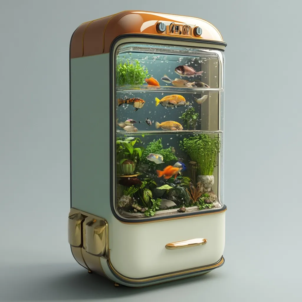 A retro-styled refrigerator, painted in pastel green and orange, has been repurposed as a large aquarium.  The interior is divided into sections by glass shelves, showcasing various colorful fish swimming amongst lush aquatic plants.  Bubbles rise gently through the water, adding to the serene atmosphere.  The gold-toned accents on the appliance's handles and base contribute to its vintage charm. The overall effect is whimsical and artistic.