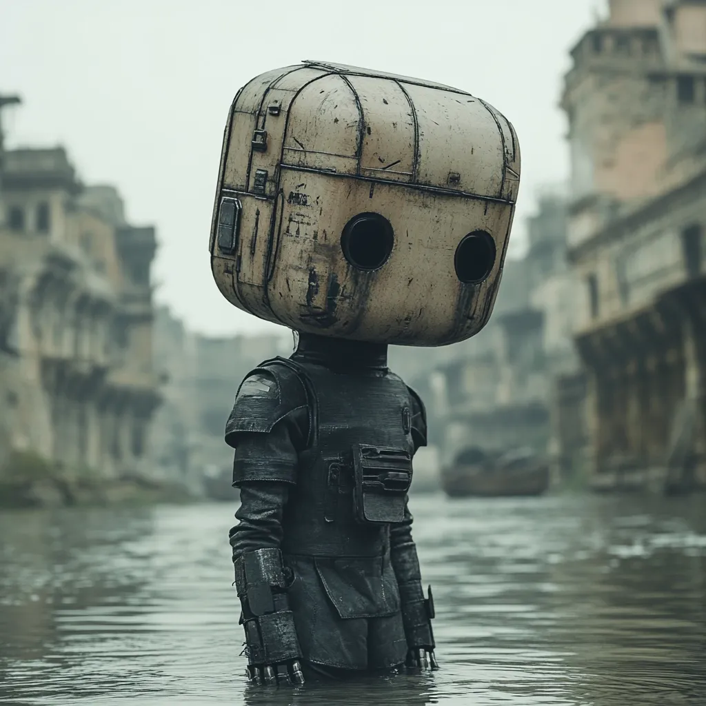 A solitary, boxy robot stands waist-deep in murky water. Its aged, beige head contrasts with its dark, armored body. The robot's surroundings are a flooded, dilapidated cityscape, suggesting a post-apocalyptic or dystopian setting. The muted color palette and overcast sky reinforce the somber mood. The image evokes themes of isolation, survival, and the remnants of a lost civilization. The robot's expressionless face adds to the mystery and melancholic atmosphere.