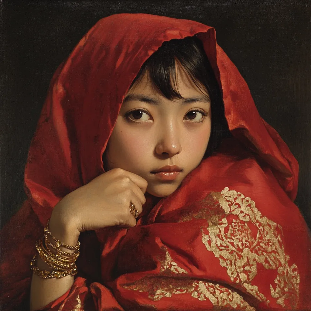 A young woman, her face partially obscured by a rich red hooded cloak, is the subject of this painting.  The cloak, adorned with gold detailing, drapes elegantly around her. Her dark hair peeks from under the hood, framing a serene yet pensive expression.  Her hand rests gently on her chin, adorned with multiple gold bangles and a ring. The painting's dark background accentuates the vibrant red and gold tones, creating a dramatic and captivating portrait.  The style suggests realism with meticulous attention to detail in the textures of the fabric and skin.