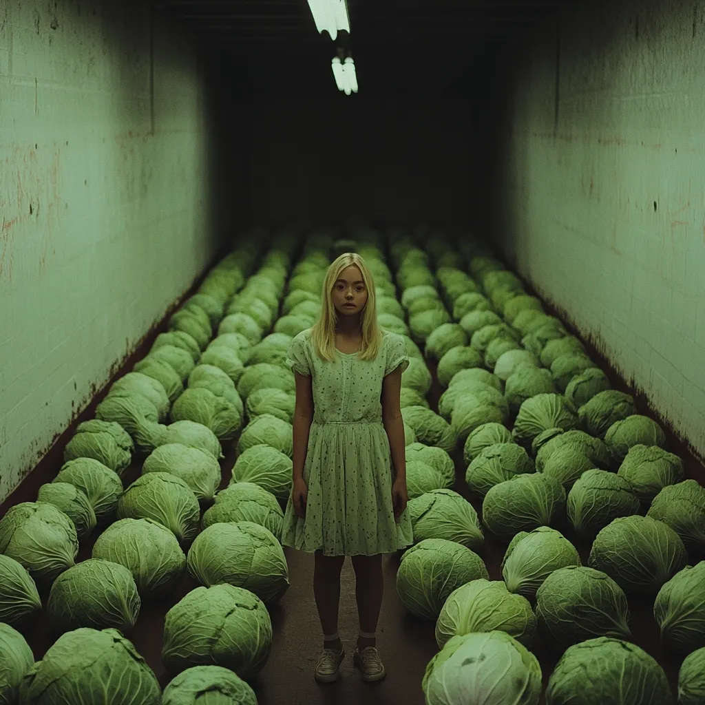 A young blonde girl in a pale green dress stands in the center of a long, narrow room.  The walls are aged and worn.  The room is densely packed with large heads of cabbage, creating a surreal and unsettling atmosphere. The girl's expression is serious, her gaze directed forward. The lighting is dim, emphasizing the green hues of the cabbages and the girl's dress. The overall mood is mysterious and slightly ominous.