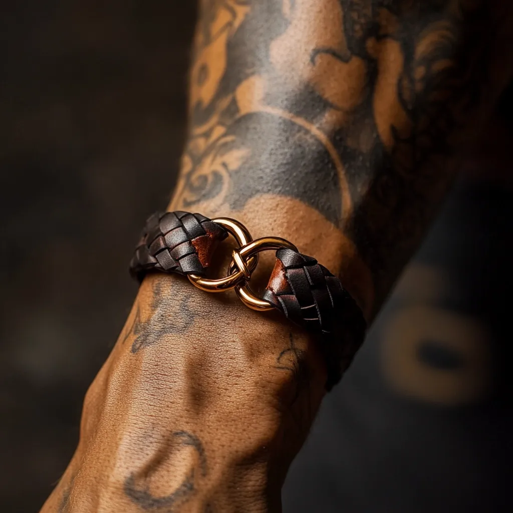 Close-up of a man's tattooed arm adorned with a dark brown leather bracelet. The bracelet features a braided design and a unique clasp composed of two interconnected rose gold rings.  The leather appears to have a subtle two-tone effect, possibly showcasing different shades of brown. The image is sharply focused on the bracelet and arm, with a blurred background emphasizing the details of the jewelry.  The overall style is sophisticated and masculine.