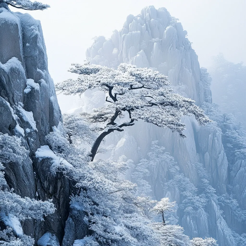 A breathtaking winter scene unfolds, dominated by a snow-laden pine tree clinging to a rocky cliff face.  The tree's branches, heavily frosted, arc dramatically over a snowy landscape.  Towering, snow-covered granite cliffs rise in the background, shrouded in a soft, ethereal mist. The overall palette is a serene blend of blues and whites, creating a tranquil and majestic atmosphere.  The image evokes a sense of peaceful solitude in a stunning natural environment.