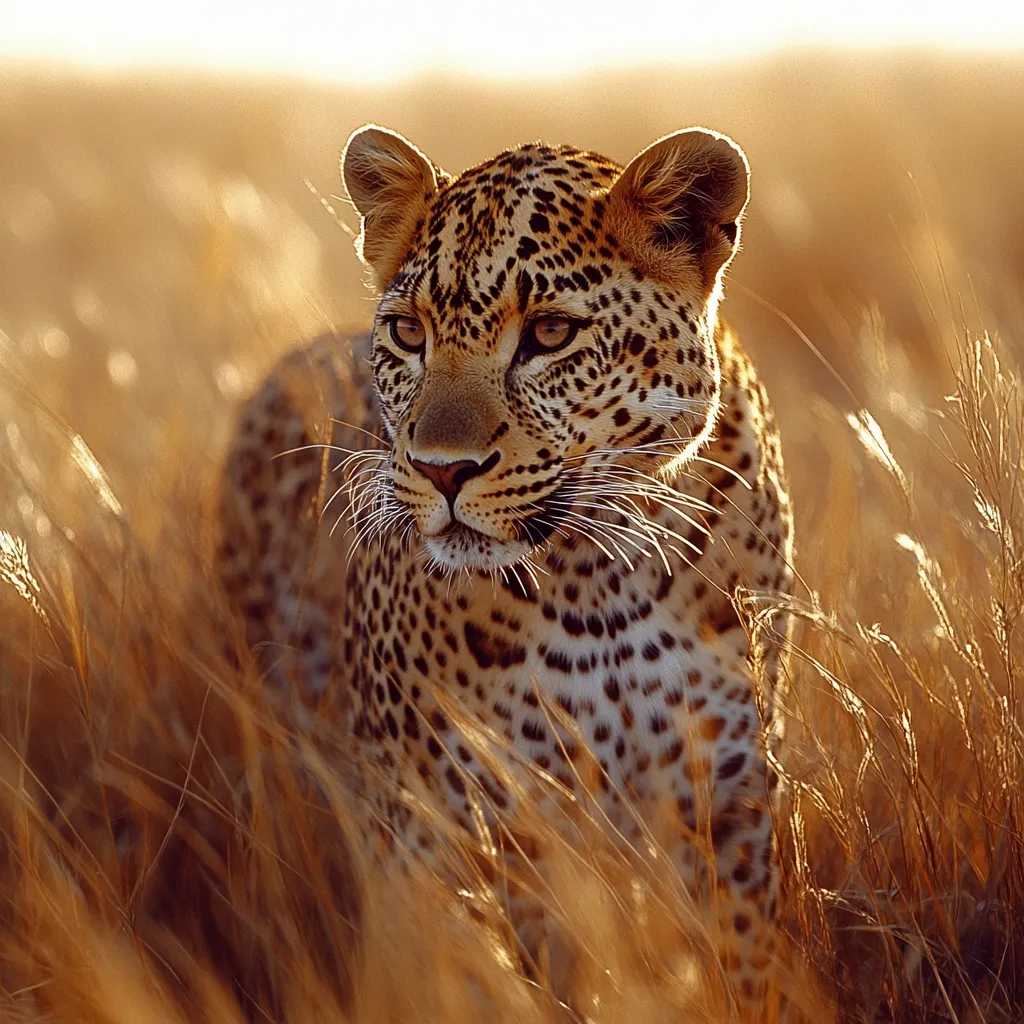 A leopard, its coat a mosaic of tawny and black rosettes, stalks through tall, golden grass.  The warm, golden light of either sunrise or sunset bathes the scene. The leopard's gaze is intense, its features sharp against the soft background.  The grasses partially obscure the animal, adding to the sense of mystery and the wildness of its environment. The overall impression is one of serene power and natural beauty.