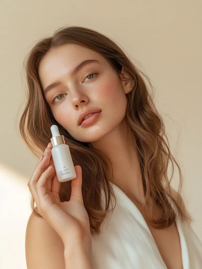 A young woman with long, wavy brown hair holds a small, white bottle of serum.  Her makeup is minimal and natural, highlighting her clear complexion.  She's wearing a simple, off-white robe, and the overall aesthetic is clean, minimalist, and suggests beauty and skincare. The soft lighting and neutral background focus attention on her face and the product.