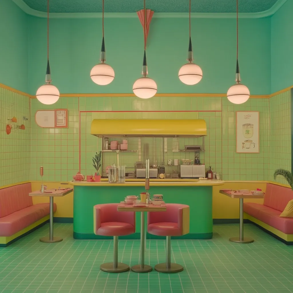 A retro-styled diner is depicted, bathed in a pastel green and yellow color scheme.  Five globe pendant lights hang from the ceiling, illuminating a bright, clean space.  The counter is a vibrant green, with a yellow hood above it.  Two pink booths flank the counter, each with a small table and chairs.  The tiled walls and floor contribute to the overall nostalgic and whimsical atmosphere.  The scene is peaceful and evokes a sense of calm.