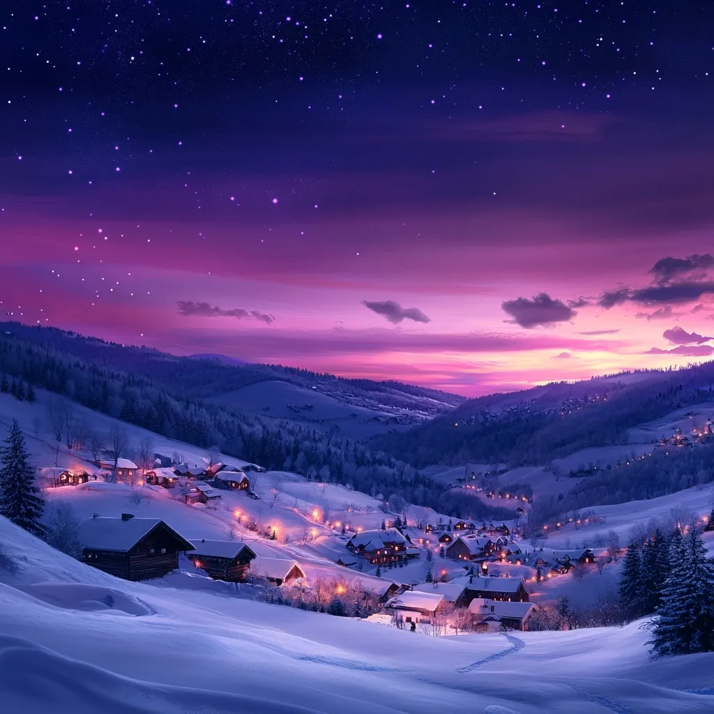 A picturesque winter village nestled in a snow-covered valley glows under a vibrant twilight sky.  Wooden houses, illuminated from within, dot the landscape, their snowy roofs contrasting against the deep purple and pink hues of the sunset.  Starry darkness fills the upper portion of the frame, enhancing the magical ambiance.  The scene evokes a sense of peace and tranquility, a quintessential winter wonderland.  Rolling hills, blanketed in pristine snow, stretch into the distance, creating a breathtaking vista.