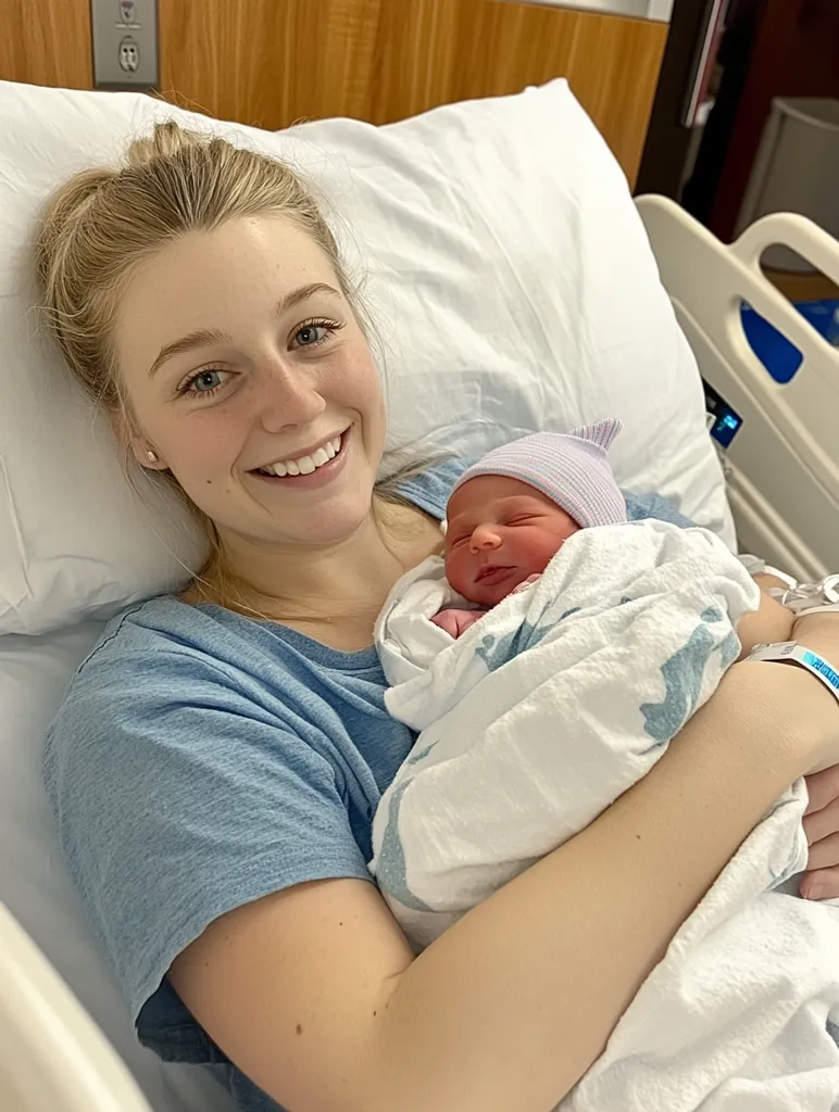 A young, blonde woman with a radiant smile lies in a hospital bed, cradling her newborn baby. The infant, swaddled in a white blanket and a light purple cap, rests peacefully against her mother's chest. The mother's expression is one of pure joy and contentment, showcasing the overwhelming love and tenderness of new motherhood. The hospital room is simple, with white bedding and a muted background, drawing focus to the intimate moment between mother and child.