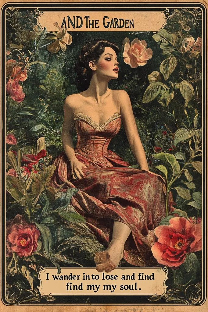 Here's a description of the image:

A vintage-style illustration shows a woman in a coral-colored corset and long gown seated amidst a lush garden. The woman, with dark hair styled up, gazes pensively towards the right.  She is surrounded by vibrant flowers, including roses and other blooms in varying shades of red, pink, and white. The image has a dark, slightly muted color palette, giving it an antique or gothic feel.  Text at the top proclaims "AND THE GARDEN," and at the bottom, a caption reads, "I wander in to lose and find my my soul," suggesting a theme of introspection and self-discovery within nature.  The overall style mimics that of vintage botanical prints or art nouveau posters.