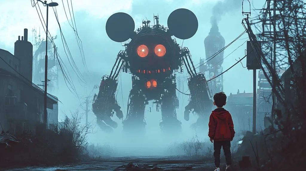 A lone child stands on a desolate, post-apocalyptic street, facing a colossal, mechanized Mickey Mouse figure.  The robot, constructed from dark metal and glowing red, dominates the scene.  The background features crumbling buildings and a hazy, dystopian atmosphere.  The overall mood is one of ominous suspense and impending threat, suggesting a dark, unsettling future.