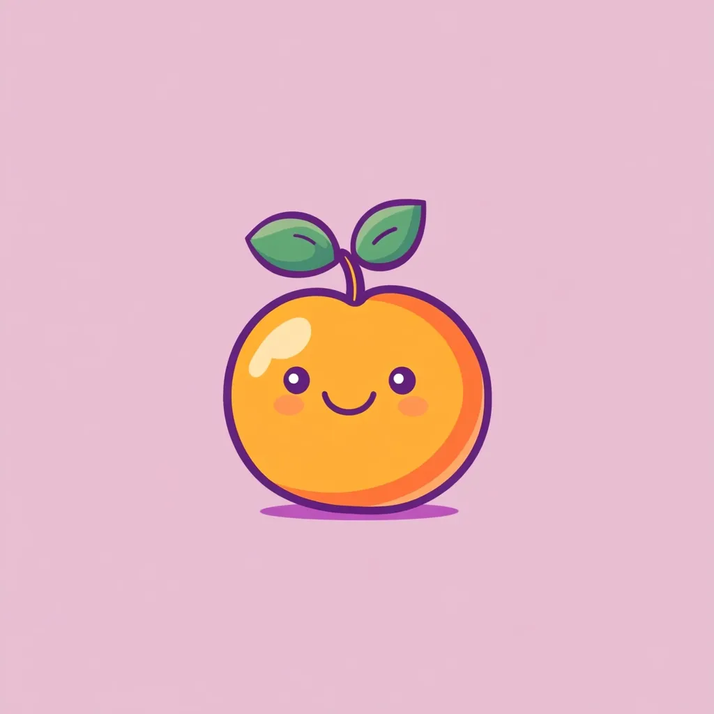 Here's a description of the image:

The image is a cartoon illustration of a happy orange.  The orange is bright orange, round, and has a simple, smiling face with rosy cheeks.  A small green stem with two leaves sits atop the orange. The background is a pale purple, providing a soft contrast to the cheerful fruit. The style is cute and minimalistic, suitable for children's products or branding.