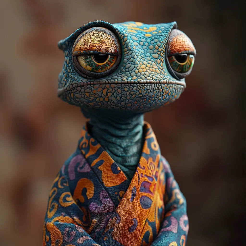 Close-up view of a digital rendering of a reptilian creature, possibly a gecko or lizard, with a humanoid-like appearance.  Its skin is textured and teal with hints of gold, and its large eyes possess a melancholic expression.  The creature is dressed in a vibrantly patterned kimono with orange and purple swirling designs on a dark blue background, adding a whimsical contrast to its reptilian features. The background is blurred, focusing attention on the detailed figure.