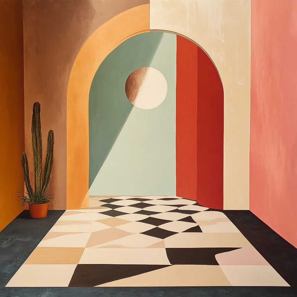 Here's a description of the image:

The artwork depicts a stylized interior scene rendered in a geometric, minimalist style.  Earthy tones of muted orange, rose, and beige dominate the walls, forming architectural shapes around a central archway.  A pale teal wall is framed by this arch, which is further highlighted by a large, off-white circle resembling a sun or light source. The floor is a complex pattern of black and beige tiles, creating a visually striking contrast. A small potted cactus sits to the left, adding a touch of organic life to the otherwise abstract composition. The overall effect is a serene and sophisticated blend of geometric forms and warm colors.
