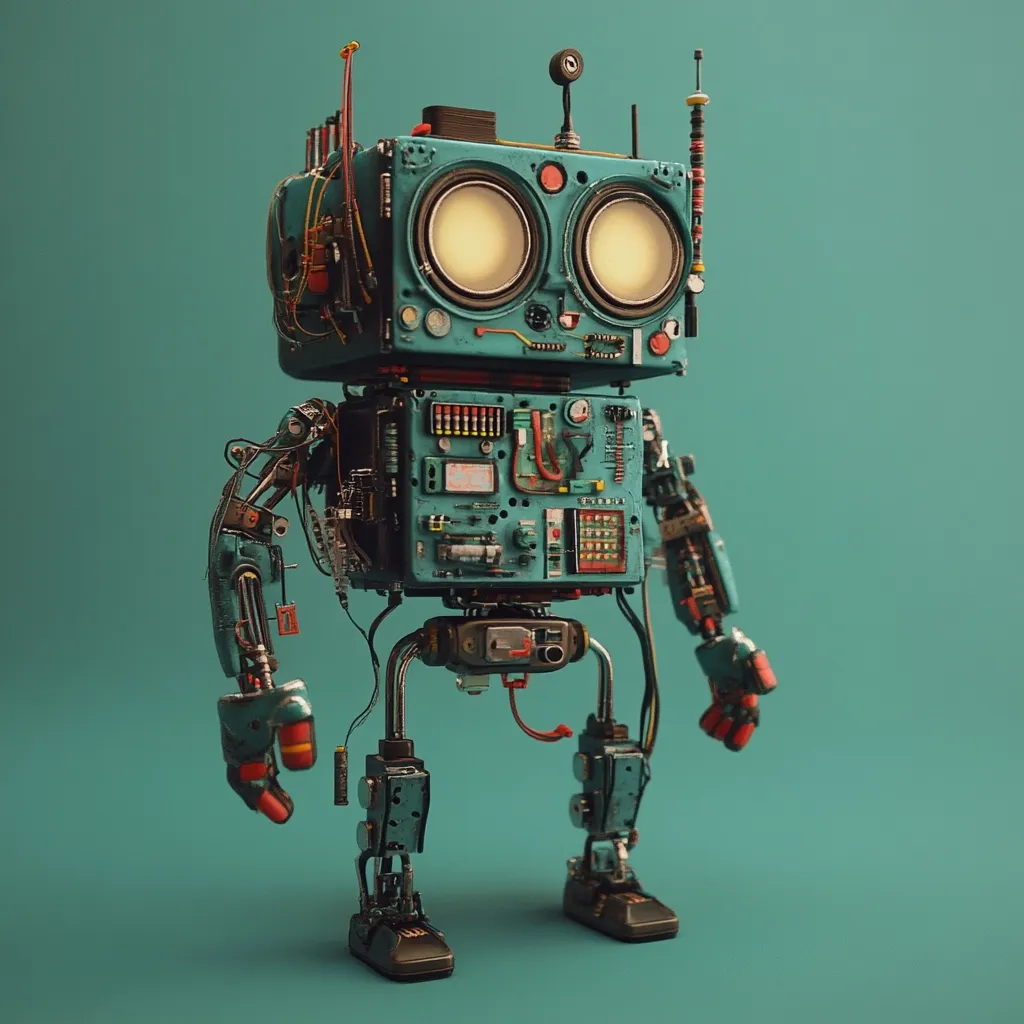 Here's a description of the image:

The image shows a charming, vintage-style robot standing against a teal background.  Its body is a teal-colored box with visible wires, buttons, and dials, giving it a retro-futuristic look.  The robot has round, glowing eyes, articulated arms and legs, and small, shoe-like feet.  Its construction appears somewhat worn, adding to its character. The overall impression is one of friendly, quirky retro-robotics.