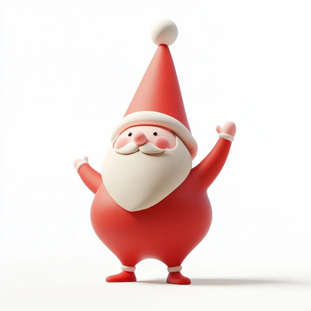A cheerful, cartoonish Santa Claus is depicted in a 3D rendering against a white background.  He's depicted with rosy cheeks, a large, fluffy white beard, and a bright red suit. His arms are raised in a welcoming gesture.  The style is playful and festive, ideal for holiday greetings or decorations.  The Santa figure has a slightly chubby, rounded form.