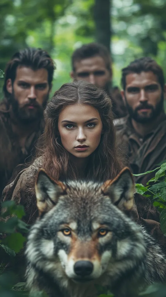 A young woman with long brown hair is the central focus, standing amidst three bearded men in a verdant forest setting.  The men, slightly out of focus, flank her, suggesting a protective or companionable relationship.  A large wolf sits directly in front of the woman, its intense gaze mirroring hers.  The overall mood is mysterious and evocative of a fantasy or folklore scene.  The darkness and green tones of the forest create a sense of depth and intrigue.