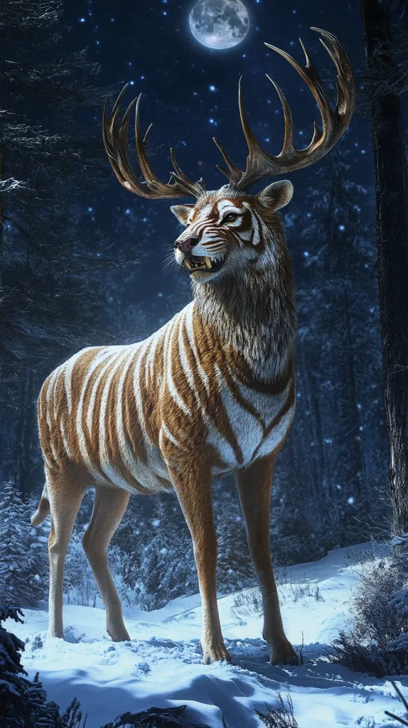 A majestic creature, seemingly a hybrid of deer and tiger, stands in a snowy winter forest under a full moon.  Its large antlers curve elegantly, contrasting with its striped, tiger-like coat.  The animal's fierce expression and powerful stance command attention against the serene backdrop of the nighttime woods.  The scene is evocative of fantasy or mythical creatures, blending elements of nature and the supernatural.