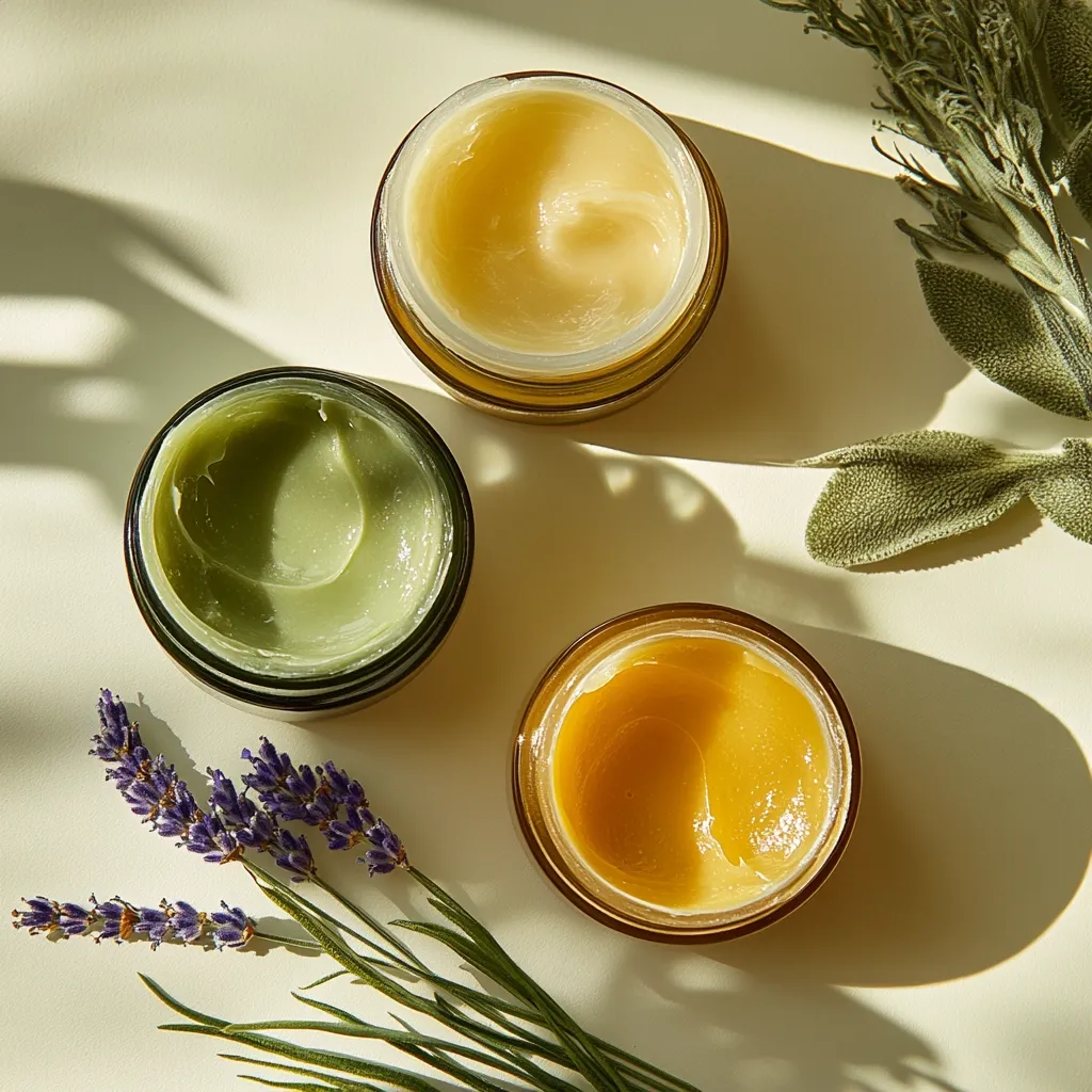 Three small, amber jars of skincare balm sit on a light beige surface, bathed in sunlight.  One jar contains a pale yellow balm, another a muted green, and the third a deeper golden yellow.  A sprig of lavender and a sage sprig are artfully placed beside the jars, suggesting natural ingredients. The overall aesthetic is minimalist and spa-like, emphasizing natural beauty and skincare.