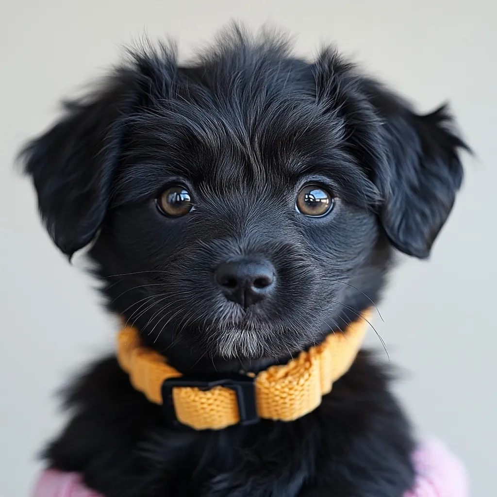 Here's a description of the image:

Close-up view of an adorable black puppy.  Its fur is fluffy and dark, with expressive brown eyes that gaze directly at the camera. The puppy has a small, slightly upturned nose and a sweet, innocent expression.  It wears a mustard-yellow knitted collar. A hint of light pink clothing is visible at the bottom edge of the frame, suggesting a sweater or outfit. The background is a muted, light gray, which keeps the focus squarely on the puppy.  The overall impression is one of warmth and cuteness.