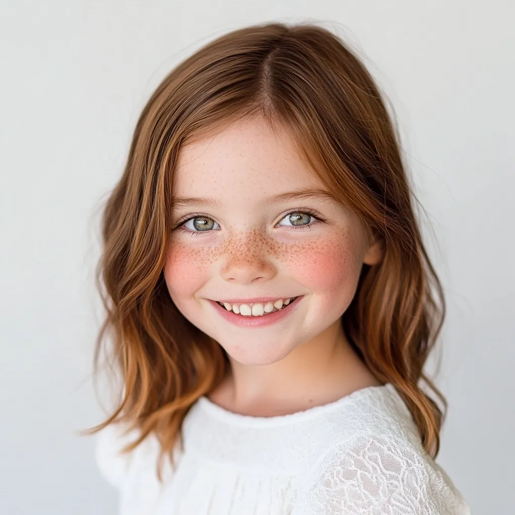 Here's a description of the image:

Close-up portrait of a young girl with shoulder-length auburn hair and light skin.  She has numerous freckles across her nose and cheeks, which are lightly rosy.  Her bright green eyes sparkle, and she displays a wide, genuine smile revealing straight white teeth. She is wearing a simple, white, lacy top. The background is a plain, light gray, ensuring the focus remains solely on the girl.  The overall impression is one of youthful charm and natural beauty.