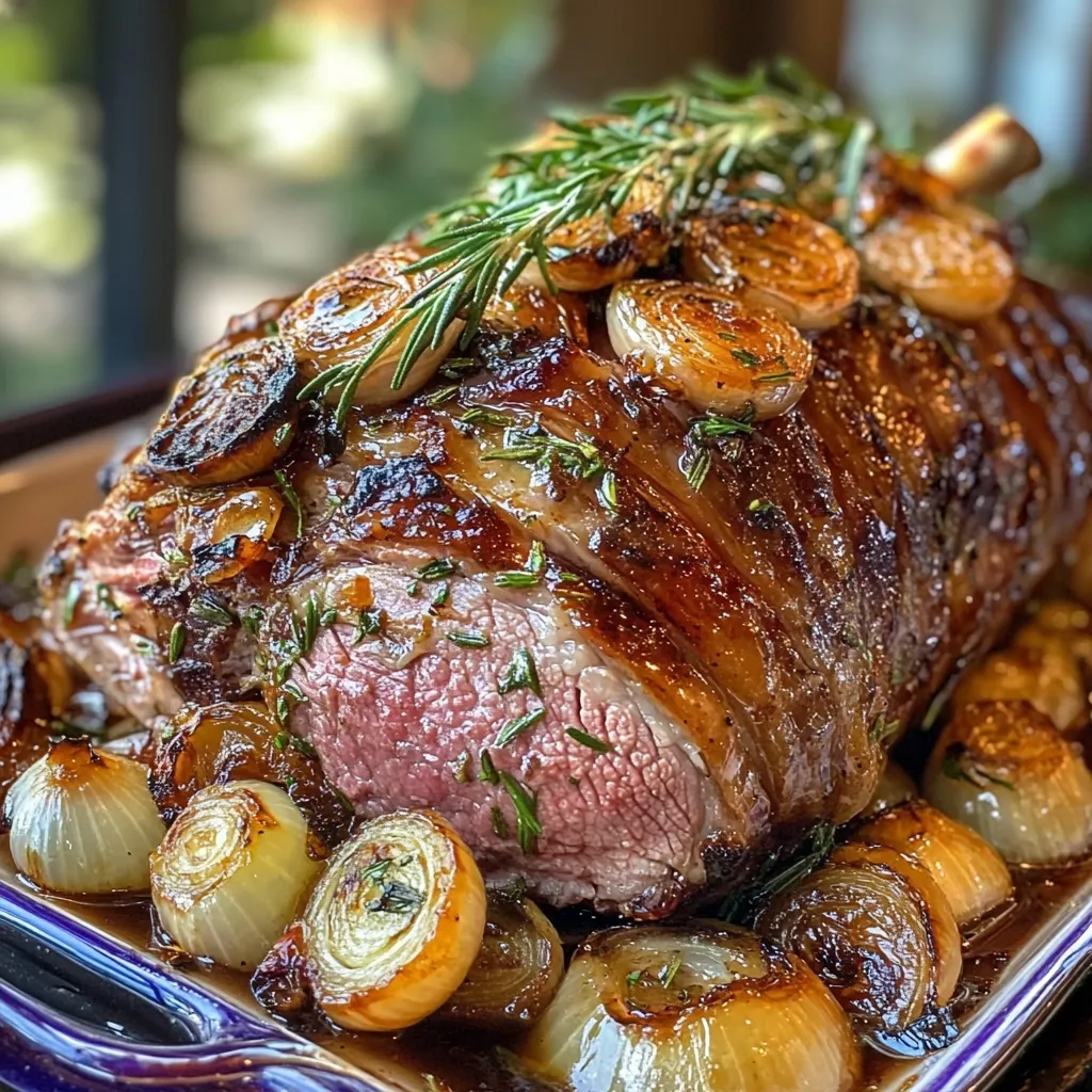 Here's a description of the image:

A beautifully roasted leg of lamb takes center stage, glistening with a rich, dark brown glaze.  It's adorned with sprigs of rosemary and caramelized onion slices, creating a visually appealing contrast of textures and colors. The lamb rests on a bed of more caramelized onions, all nestled in a dark, savory pan juices. The background is softly blurred, drawing focus to the succulent roast. The overall impression is one of warmth, abundance, and deliciousness.