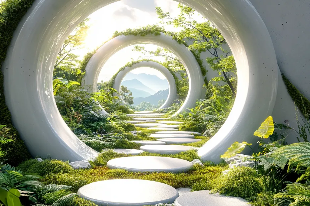 A serene path winds through a lush, verdant landscape, framed by a series of concentric, white, circular structures.  These structures, overgrown with moss and greenery, create a tunnel-like effect, leading the eye to a distant mountain range visible through the innermost ring. The path is composed of large, flat stones, adding to the tranquil and almost otherworldly atmosphere of the scene.  Sunlight filters through the leaves, illuminating the path and creating a sense of calm.