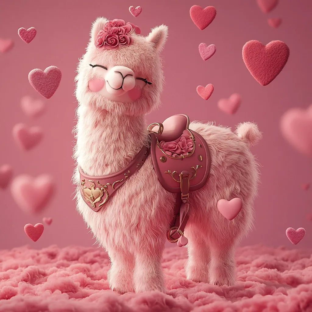 A fluffy, pink alpaca, adorned with a rose-decorated headpiece and a matching saddle, stands on a pink cloud-like surface.  Numerous small, pink hearts float in the background, creating a romantic and whimsical Valentine's Day themed image. The alpaca has a sweet expression, enhancing its charming and adorable appearance.  The overall scene is soft, dreamy, and filled with pastel pink hues.