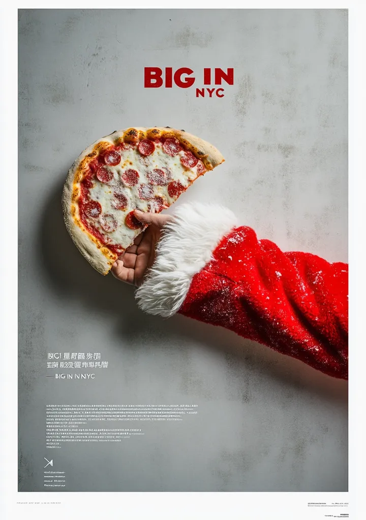 Here's a description of the image:

The poster features a Santa Claus sleeve, dusted with snow, delicately holding a slice of pepperoni pizza.  The pizza is large and appetizing, with melted cheese and visible pepperonis.  The background is a muted gray.  The text "BIG IN NYC" is prominently displayed in bold red lettering, with smaller Chinese text below.  The overall aesthetic is a festive, whimsical juxtaposition of Christmas and New York City pizza culture.