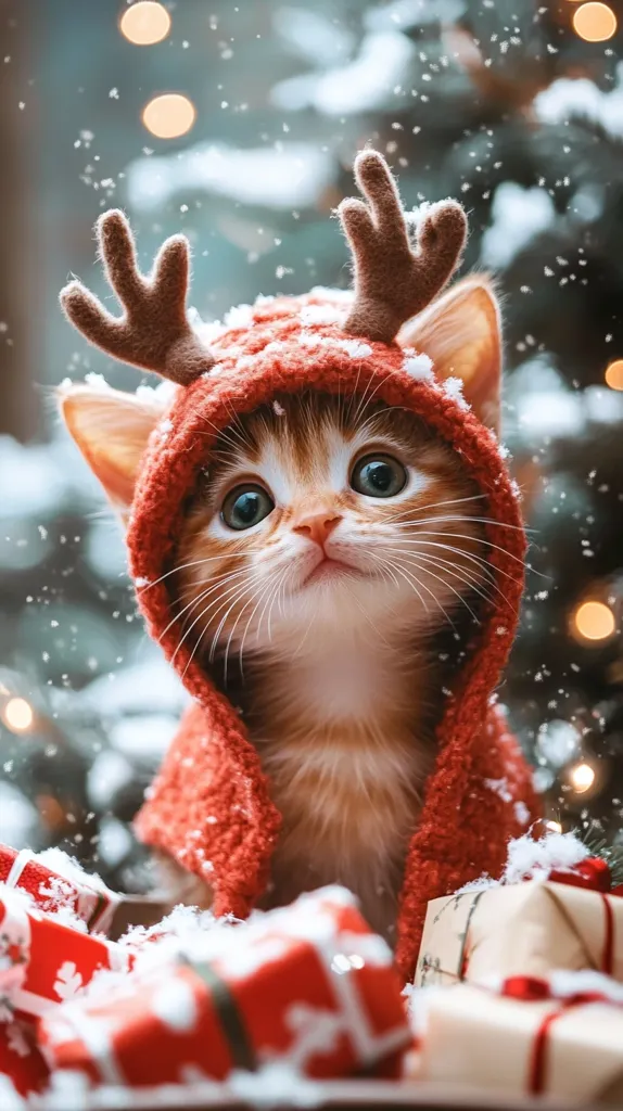 An adorable ginger kitten, wearing a red knitted reindeer hood complete with antlers, sits amidst a pile of Christmas presents.  Snowflakes gently fall around it, creating a magical winter scene. The kitten's large, expressive eyes and endearing pose capture the spirit of the festive season. The background features a softly lit Christmas tree, enhancing the overall heartwarming and charming image.