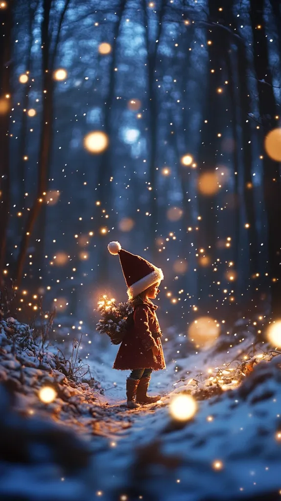 A young girl, wearing a Santa hat and a red coat, stands in a snow-covered winter forest.  She carries a small, glowing Christmas tree.  The scene is magical, illuminated by warm, glowing lights scattered throughout the trees and on the ground, creating a whimsical, fairytale atmosphere.  Snow gently falls, adding to the enchanting ambiance.  The overall tone is serene and festive.