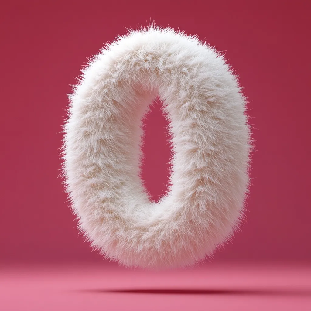 Here's a description of the image:

The image shows a fluffy, white number zero against a solid, pinkish-red background.  The zero is rendered to appear as if it's made entirely of soft, white fur or fibers, giving it a plush, three-dimensional texture. The lighting is even and highlights the individual strands of the faux fur, creating a sense of depth and softness.  The overall effect is playful and whimsical, suggestive of a child's toy or a decorative element.  A subtle shadow beneath the zero indicates a light source from above.