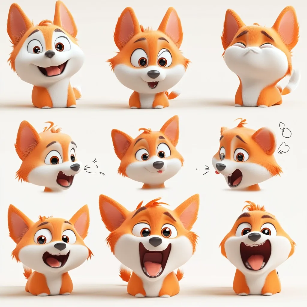 The image showcases nine adorable cartoon depictions of a fluffy orange-furred puppy, possibly a Corgi, expressing a variety of emotions.  Each puppy features large expressive eyes and displays different facial expressions, ranging from happy and playful to surprised and slightly grumpy.  The style is 3D-rendered, giving the puppies a soft, cuddly appearance.  They are arranged in a grid pattern against a plain off-white background.