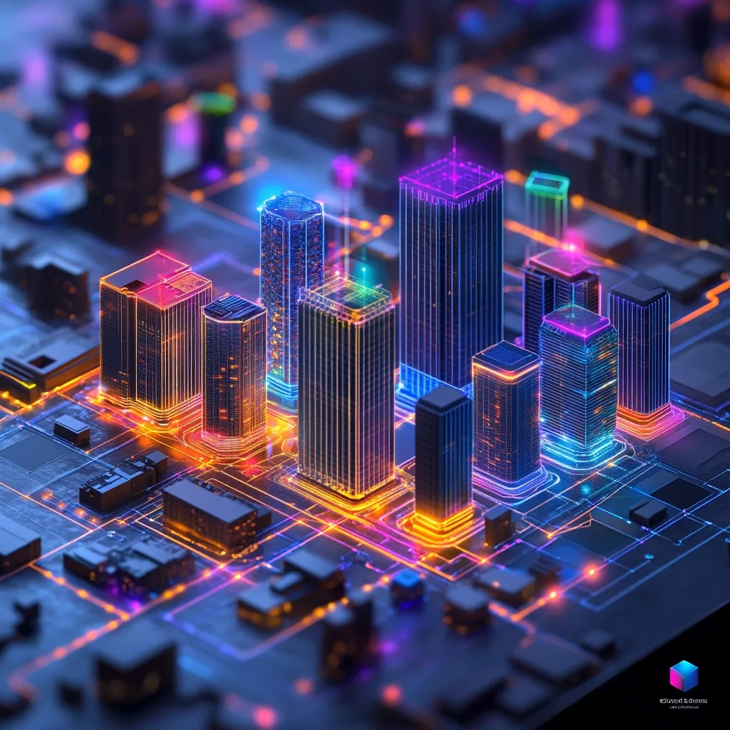 Here's a description of the image:

The image is a vibrant, digital rendering of a futuristic cityscape built atop a complex circuit board.  Neon-like, multicolored lines illuminate the wireframe skyscrapers, suggesting interconnectedness and data flow.  The buildings are varied in height and design, creating a dense, urban feel. The overall color palette is dark, with bright, contrasting neon pinks, blues, oranges, and purples creating a high-tech and aesthetically pleasing visual.  The image implies a concept of smart cities, technology, and the merging of urban landscapes with advanced infrastructure.