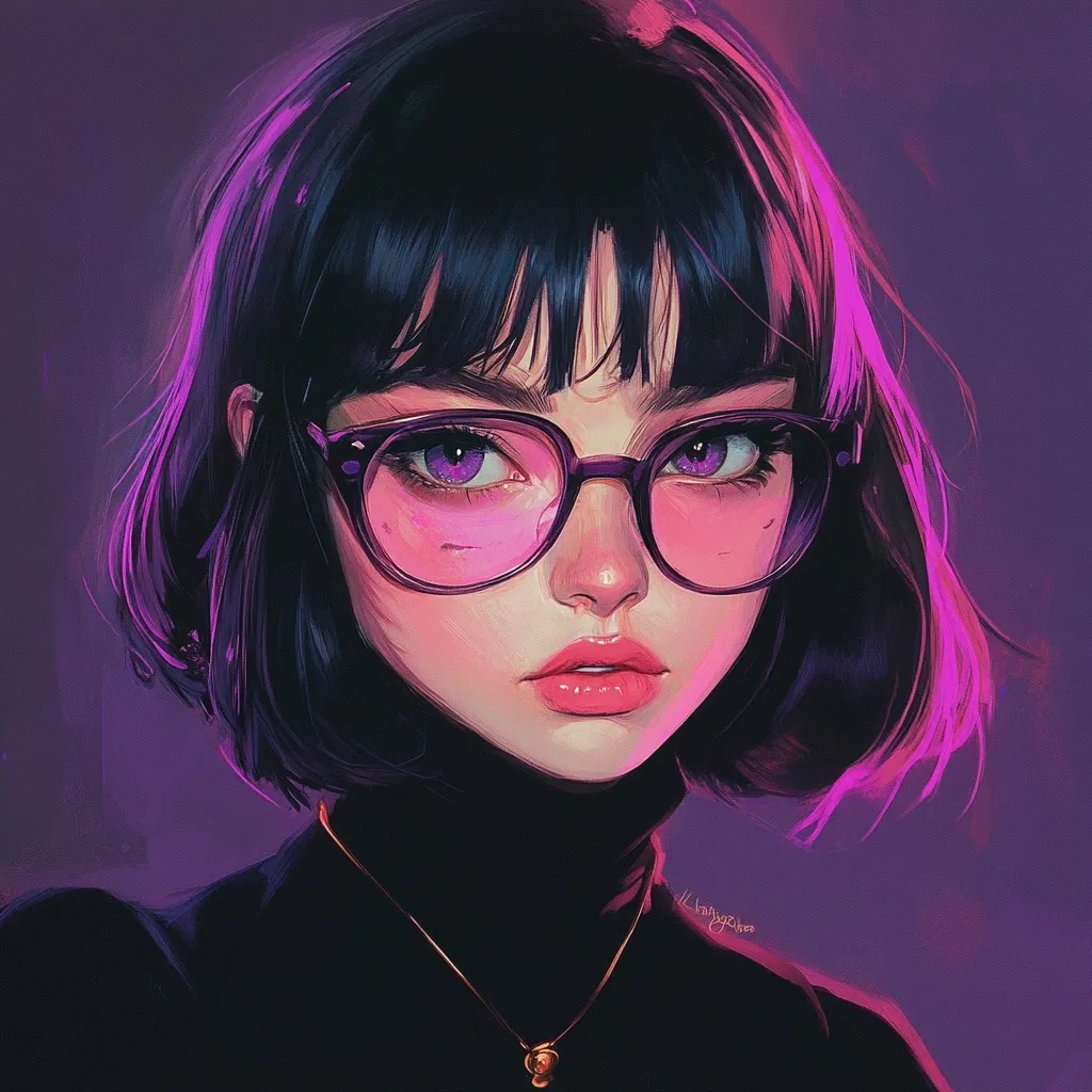 The image is a digital painting of a young woman with short, dark purple hair styled with blunt bangs.  She wears purple-tinted glasses and a high-necked black turtleneck.  A delicate gold necklace is visible around her neck.  The style is anime-influenced, with soft features and vibrant, almost neon-like purple hues dominating the background and reflecting in her glasses. The overall mood is dreamy and stylish.