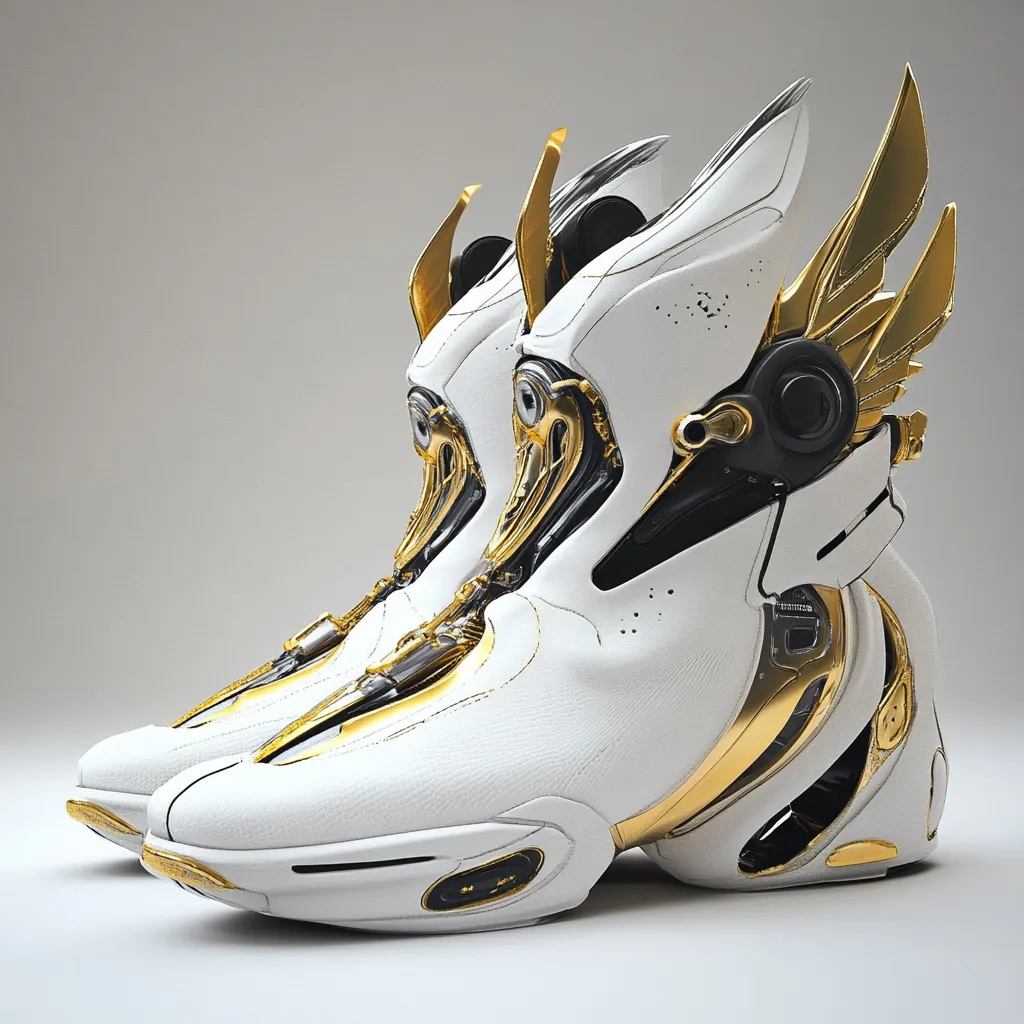 Here's a description of the image:

The image showcases a pair of futuristic high-top sneakers, predominantly white with striking gold accents.  The shoes feature intricate, mechanical-looking details and prominent, stylized golden wings extending from the heel.  The design is sleek and angular, suggesting a blend of athletic footwear and high-tech robotics. The shoes are positioned on a light gray background, highlighting their clean, polished aesthetic.  The overall impression is one of luxury and advanced technology.