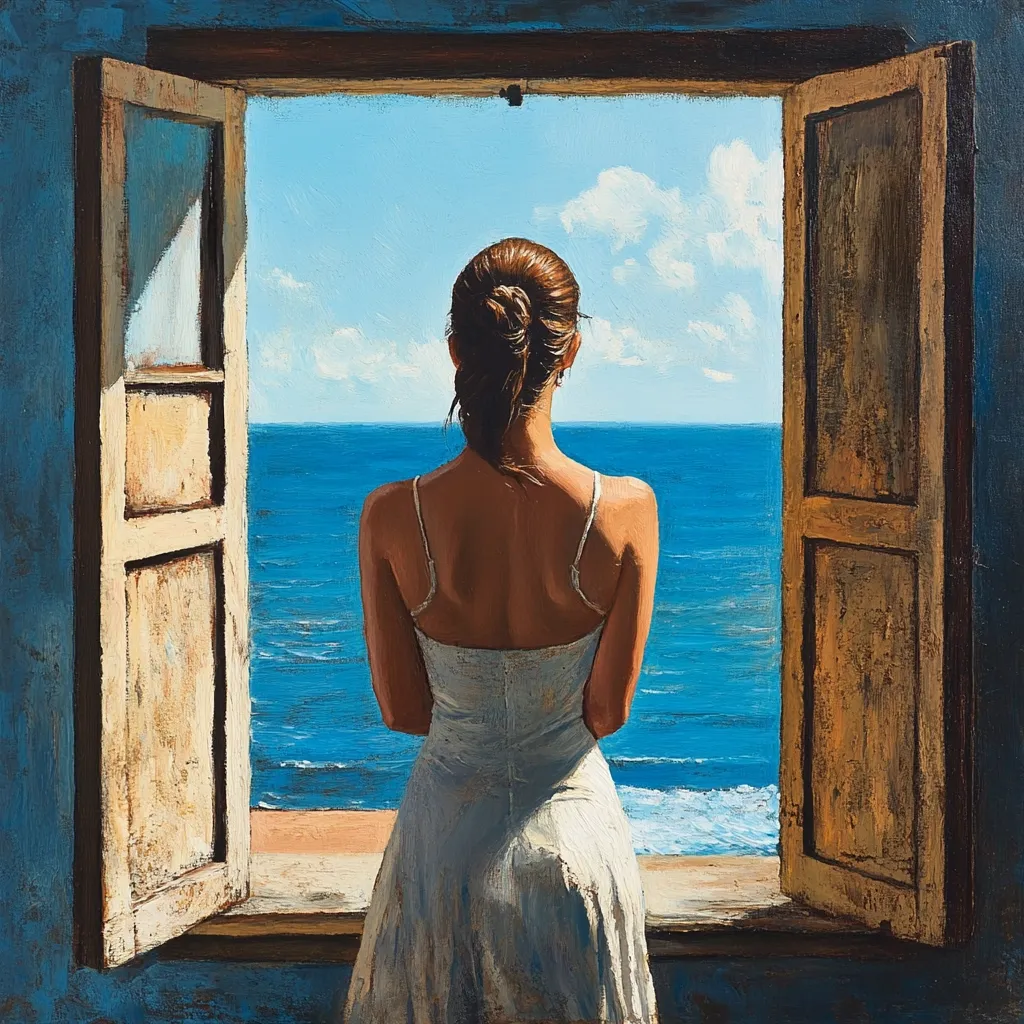A woman in a white sundress stands at an open window, her back to the viewer.  The window frame is a deep blue, contrasting with the warm, sunlit wood of the double doors.  Beyond, a bright blue ocean stretches to the horizon under a mostly clear sky.  The scene is painted in a realistic style, with visible brushstrokes adding texture to the image. The overall mood is serene and contemplative.