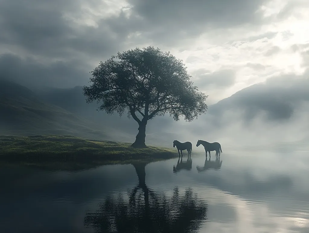 Here's a description of the image:

A serene, misty landscape unfolds, dominated by a solitary tree standing on the bank of a still, reflective lake. Two dark horses stand peacefully beside the tree, their silhouettes mirrored perfectly in the calm water.  Rolling hills shrouded in fog form a backdrop under a cloudy sky, creating a moody, atmospheric scene. The overall palette is muted, with grays and blues predominating, enhancing the sense of tranquility and mystery.  The image evokes a feeling of quiet solitude and the beauty of a peaceful natural setting.