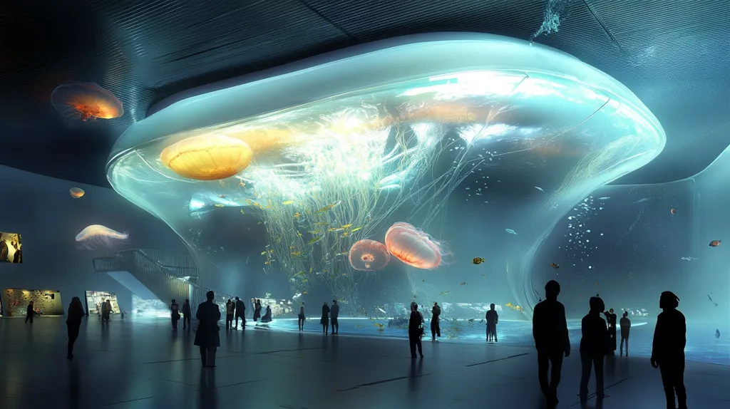 This architectural rendering depicts a stunning, futuristic aquarium.  A large, sculpted, transparent tank dominates the ceiling, filled with jellyfish and smaller fish, their tentacles gracefully drifting.  The tank's organic form contrasts with the sleek, modern architecture.  Silhouetted figures of visitors stand on the reflective floor, observing the aquatic display, creating a sense of wonder and awe at the tranquil underwater scene. The overall mood is serene and technologically advanced.
