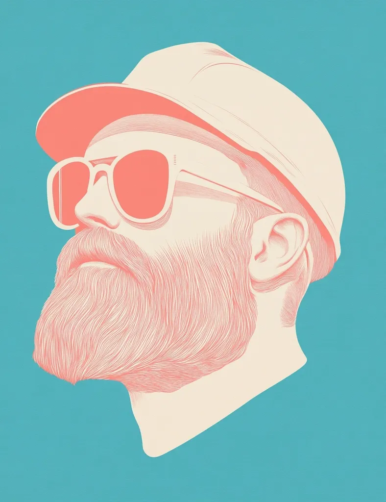 Here's a description of the image:

The illustration is a stylized portrait of a man's head and shoulders, rendered in a monochromatic coral-pink and cream color scheme against a teal background.  The man is depicted in profile, his gaze directed upward. He sports a full beard meticulously detailed with fine lines, a baseball cap, and round sunglasses. The style is reminiscent of a line drawing or engraving, emphasizing the texture of the hair and beard. The overall effect is both minimalist and sophisticated.