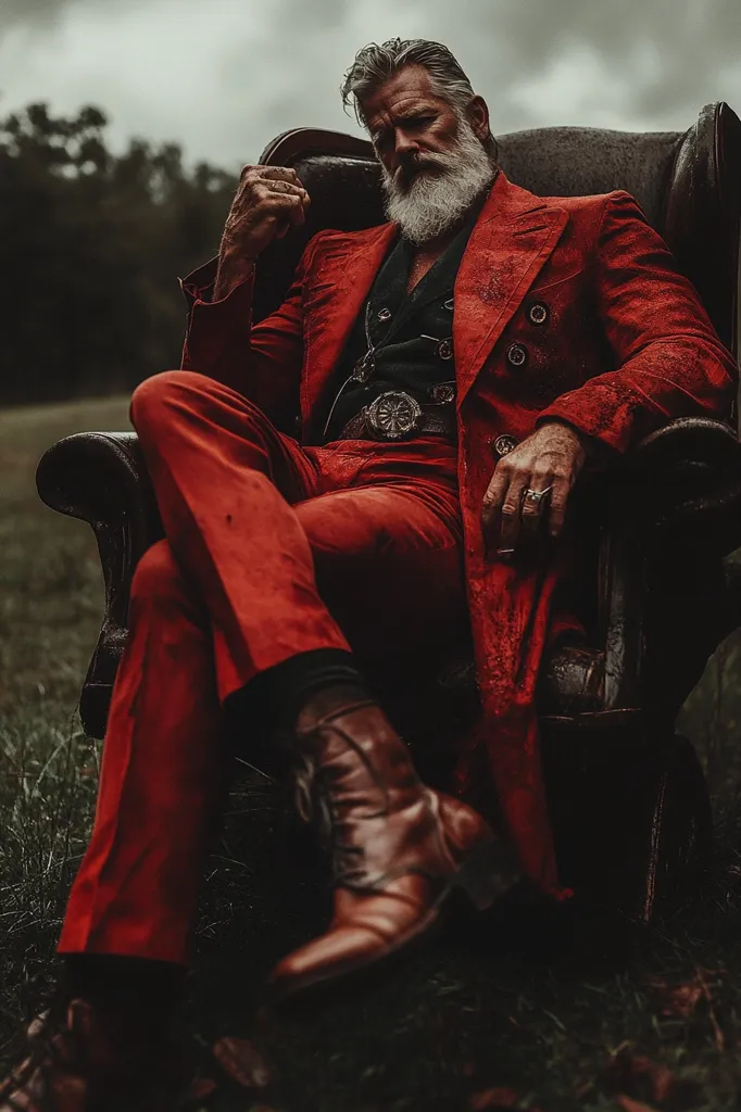 An older man with a long white beard sits in a dark, ornate chair outdoors. He's wearing a vibrant red suit and long coat, which appears slightly weathered.  His expression is serious, almost pensive.  Brown leather boots complete his attire. The background is blurred, showing a grassy area and dark trees under a cloudy sky, creating a dramatic and moody atmosphere.  The overall image is styled with a dark, almost cinematic feel.