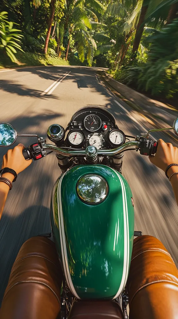 Here's a description of the image:

The photo is a first-person perspective of a person riding a vintage-style motorcycle through a lush, tropical landscape. The motorcycle is dark green with cream-colored stripes and brown leather saddlebags. The rider's hands grip the handlebars, and the focus is on the speedometer and other gauges on the bike's dashboard. The road ahead winds through tall palm trees and dense greenery, creating a sense of speed and adventure.  The motion blur suggests a fast pace.  The overall mood is one of freedom and exhilaration.
