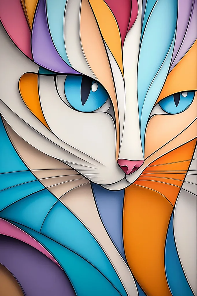 The image is a stylized portrait of a cat, rendered in a vibrant, geometric style reminiscent of stained glass or paper art.  Bold, curved lines define the cat's features, creating a sense of depth and texture.  Bright colors—turquoise, orange, purple, and pink—dominate the piece, contrasted by the cat's white face and striking blue eyes. The overall effect is a modern, almost abstract interpretation of a feline subject.