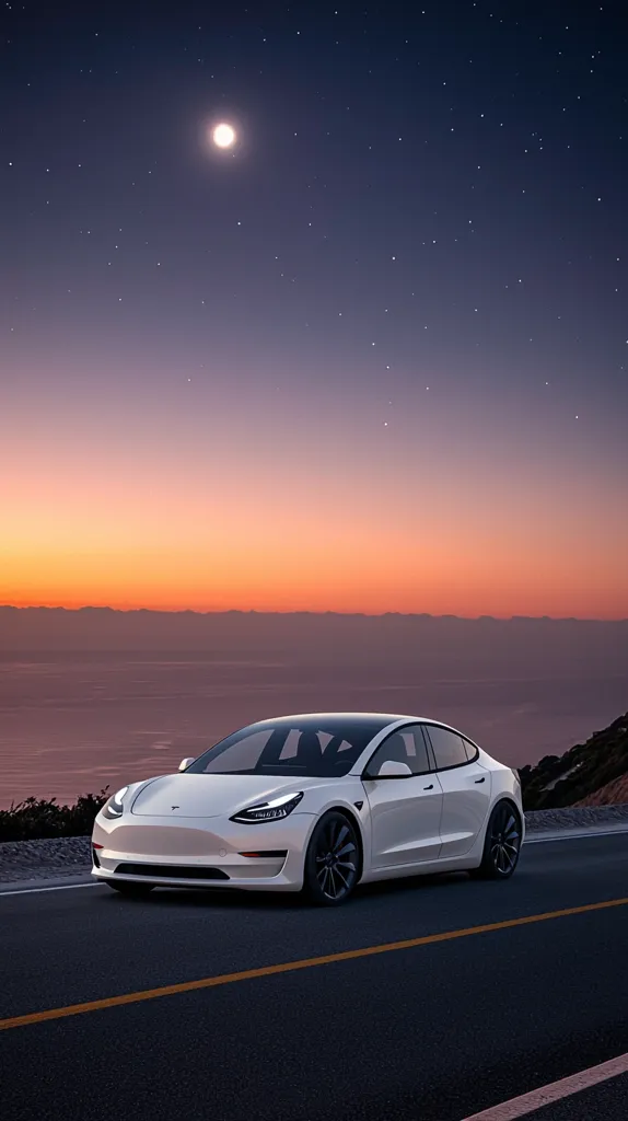 Here is a description of the image:

A pristine white Tesla Model 3 is parked on a dark asphalt road, overlooking a tranquil landscape bathed in the warm hues of a setting sun. The sky is a breathtaking canvas of twilight, adorned with a bright moon and countless stars.  The car's sleek design and the serene atmosphere create a sense of calm and sophisticated luxury. The distant mountains add depth to the scene, while the slightly blurred background emphasizes the car as the focal point. The overall image is evocative of freedom, travel, and technological advancement.