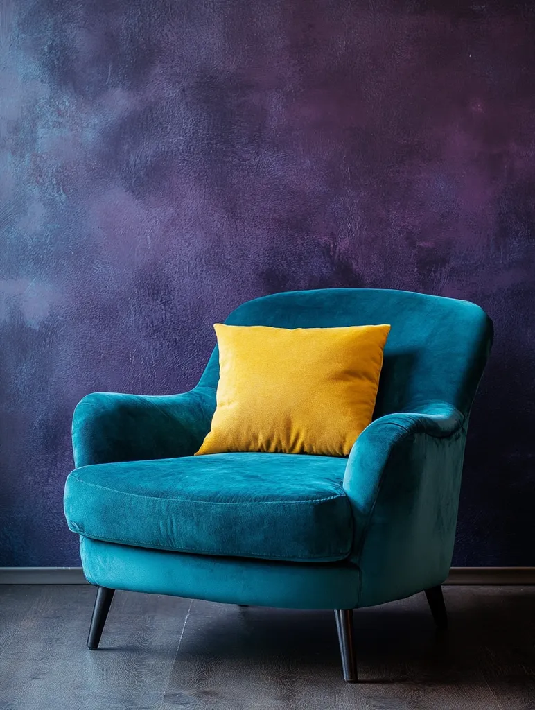 A teal velvet armchair with black legs sits against a textured purple wall.  A vibrant yellow throw pillow rests on the seat. The armchair has a rounded, comfortable design. The contrast between the teal and yellow, and the rich purple wall creates a visually striking image, suggesting a modern and stylish interior. The lighting subtly highlights the texture of the velvet and the wall.