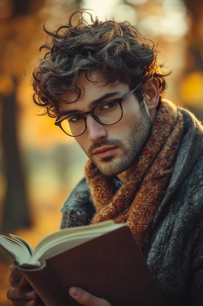 Here's a description of the image:

A young man with curly brown hair and a well-groomed beard is pictured outdoors, possibly in an autumnal setting, judging by the blurred background of warm orange and brown tones. He wears round, dark-framed glasses and a textured, rust-colored scarf over a dark gray coat.  His gaze is directed towards the viewer with a serious yet thoughtful expression as he holds an open book, engrossed in reading. The warm lighting casts a soft glow on him, enhancing the mood of tranquility and intellectual engagement.
