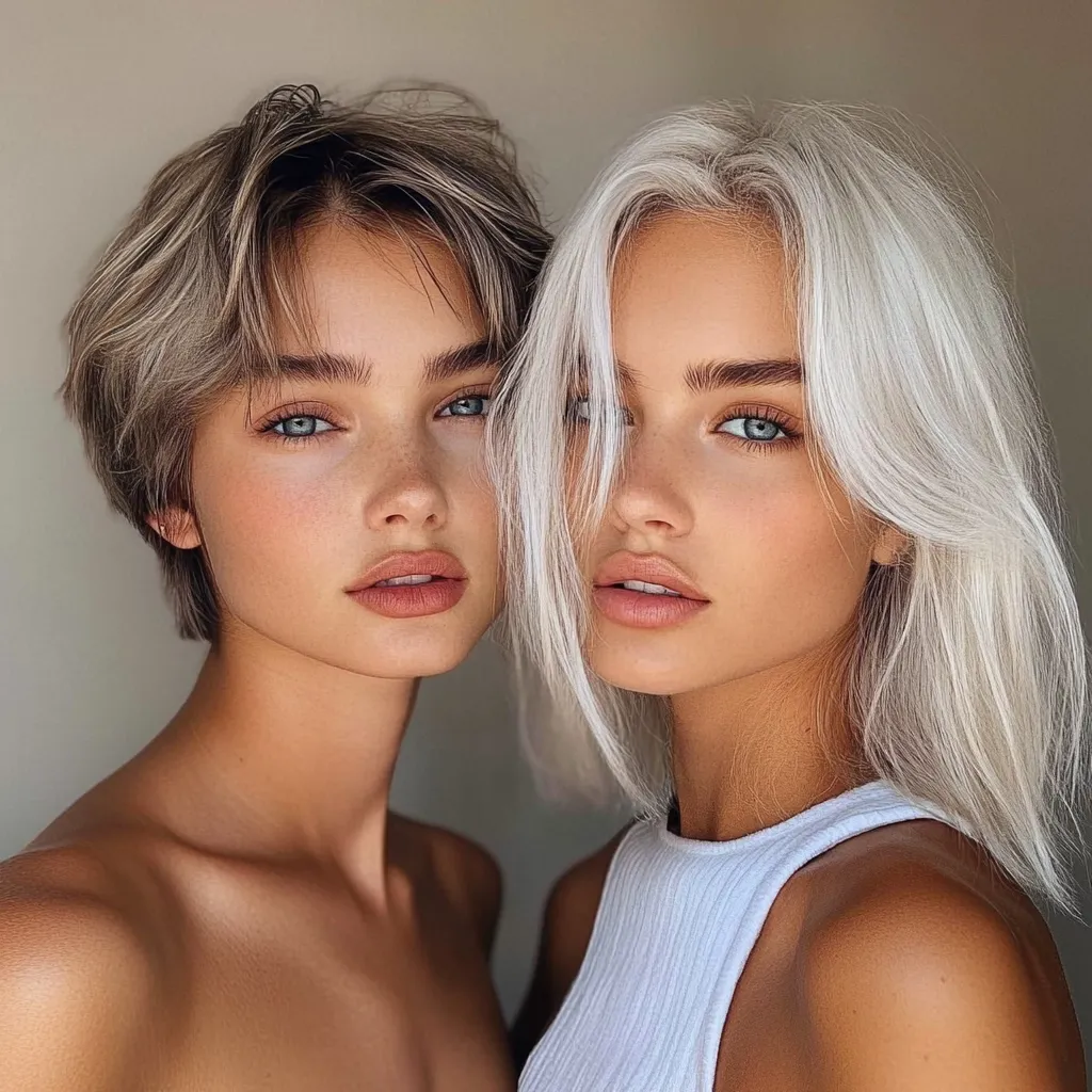 Here's a description of the image:

Close-up view of two young women positioned closely together.  One has a short, textured light brown pixie cut, while the other has shoulder-length, platinum blonde hair with a slightly tousled look. Both have similar features:  high cheekbones, well-defined eyebrows, and light eyes.  Their makeup is natural and enhances their features.  They both have a light tan. The woman with the blonde hair wears a white tank top. The background is a muted beige, keeping the focus on the women.  The overall impression is one of beauty and similarity.