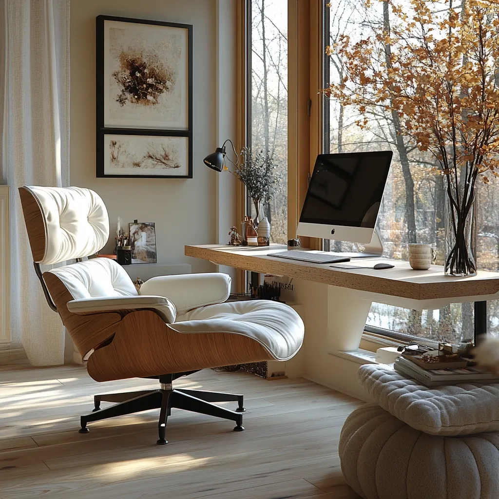 A sunlit home office features a mid-century modern Eames Lounge Chair and Ottoman in creamy white leather and light wood.  A minimalist desk, built into a window seat, holds a computer and small decorative items.  Two framed abstract art pieces hang on the wall, and a vase of dried branches adds natural texture. The room is bathed in soft light streaming through a large window overlooking a winter scene.  The overall aesthetic is calm, sophisticated, and subtly bohemian.