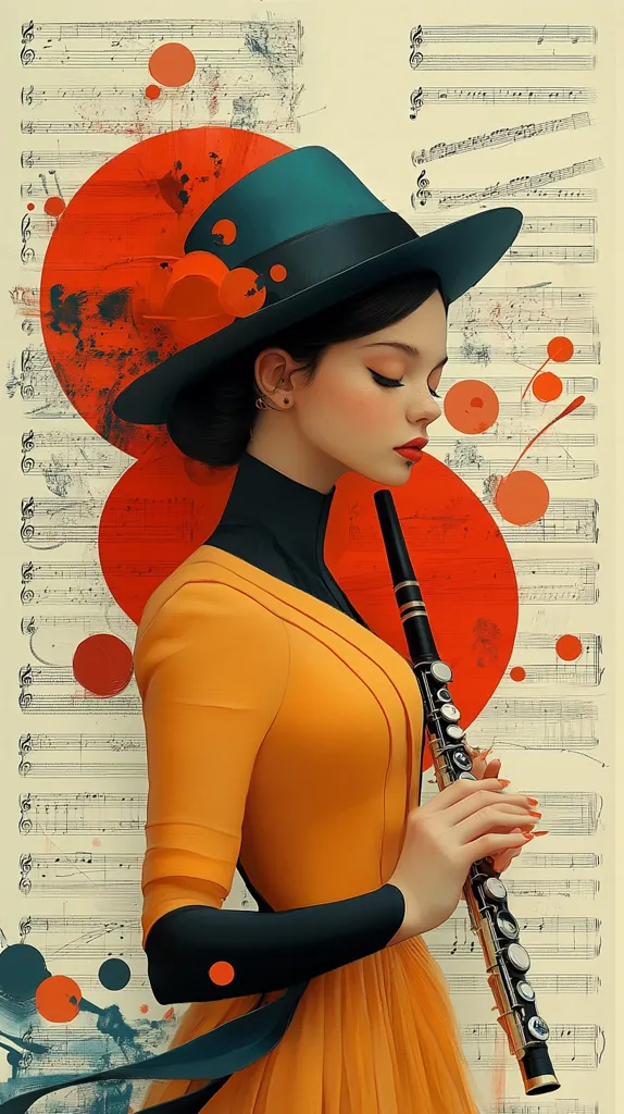 A stylized portrait of a young woman in a mustard yellow dress and teal hat holds a flute.  She's depicted against a background of musical notation and abstract red circles, creating a visually striking contrast. The woman's expression is serene and focused, hinting at a contemplative or musical moment. The overall style is art deco-inspired, with bold colors and graphic elements.  The image evokes a sense of elegance and artistic passion.
