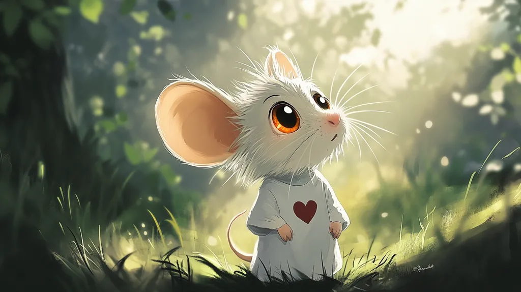 Here's a description of the image:

The illustration depicts a charming, anthropomorphic mouse standing in a sun-dappled forest clearing.  Its large, expressive eyes, wide ears, and fluffy white fur lend it a soft, innocent quality. The mouse is wearing a pale blue garment adorned with a small red heart. It gazes upward with a look of wonder or curiosity, its whiskers gently extending towards the light filtering through the leaves above. The background is a blurry yet detailed depiction of greenery, enhancing the whimsical and serene atmosphere of the scene.  The overall style is reminiscent of children's book illustration or animation.