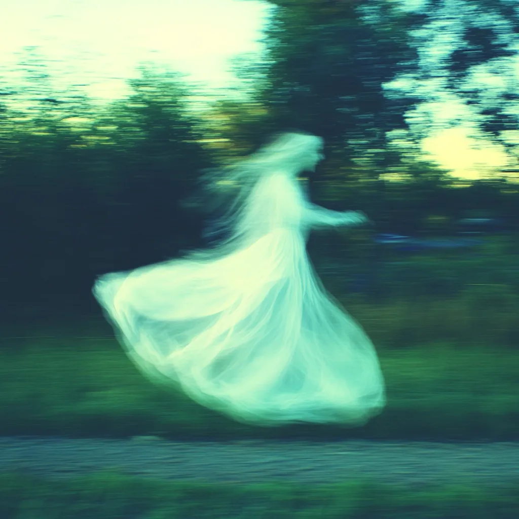 The image is a blurred, ethereal depiction of a woman in a flowing white dress.  She appears to be running or gliding through a verdant landscape, the background a wash of green and teal suggesting trees and foliage. The motion blur creates a ghostly, almost spectral effect, enhancing the dreamlike and mysterious quality of the scene. The overall palette is cool and muted, contributing to the sense of otherworldliness.